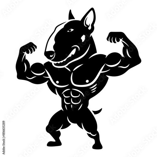 Strong bull terrier flexing muscles silhouette vector mascot for gym fitness strength logo