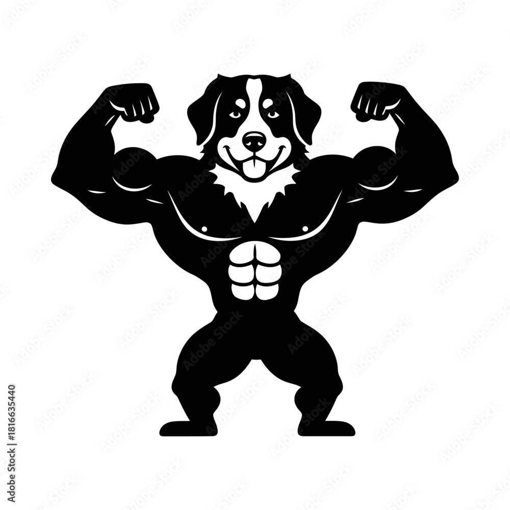 Fototapeta premium Strong muscular dog bodybuilder flexing powerful arms in bold black silhouette vector pose