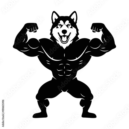 Happy husky dog flexing muscular arms powerful gym workout mascot silhouette vector artwork