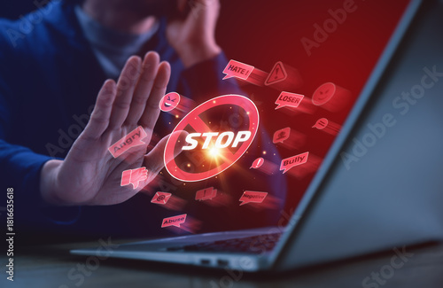 A person raises a hand to stop toxic online messages, highlighting cyberbullying prevention, digital safety, online protection, and awareness against harmful social media harassment.