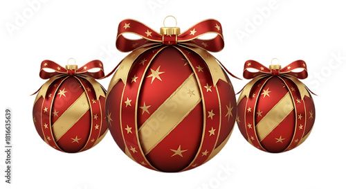 A set of Christmas ball decorations with red and gold ribbon and star accents, isolated on transparent background, ultra-detailed, high-resolution PNG.