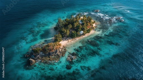 Aerial drone view of a pristine tropical island surrounded by clear turquoise waters, perfect for summer vacation and relaxation in nature's paradise