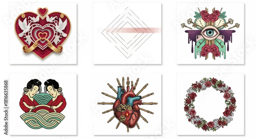 Assorted artistic elements, including hearts, geometric shapes, an eye, geishas, a mechanical heart and roses, all in a unique contemporary style