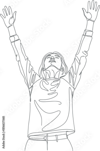 Line art drawing of a person with arms raised in celebration or victory