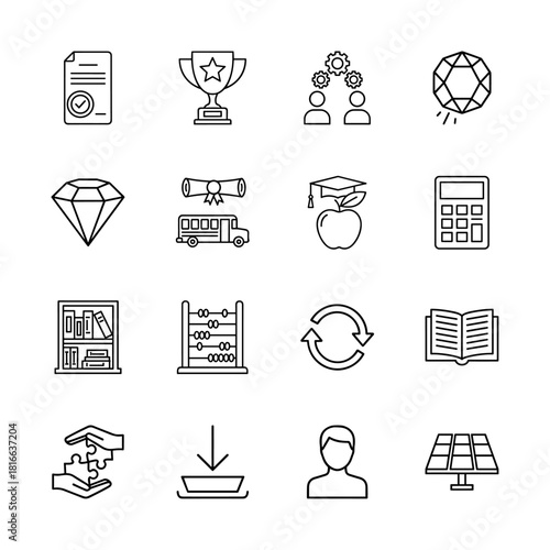 Thin line vector icon set for education and business. Pictograms of certificate, trophy, team, diamond, diploma, school bus, calculator, book, and solar panel.