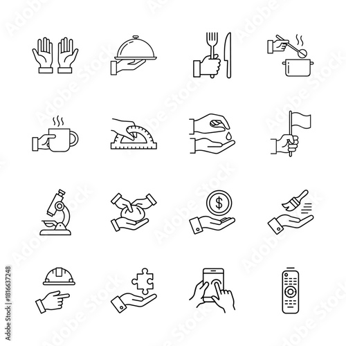 Service, activity, and object line icon set. Vector pictograms of hands, food, tools, science, finance, construction, problem-solving, and technology, thin linear illustration.