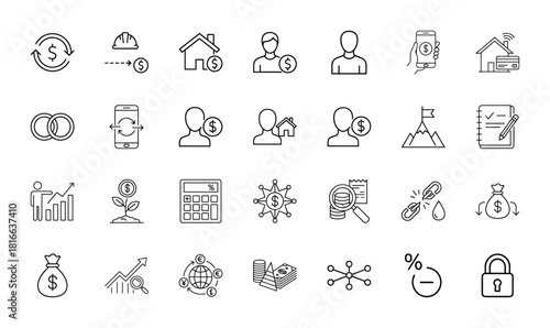 Business and finance line icon set. Vector pictograms of currency exchange, financial growth, property, mobile payments, investment, and security, thin linear illustration.