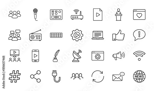 Digital media and communication line icon set. Vector pictograms of users, microphone, router, laptop, smartphone, satellite, share, and news, thin linear illustration.
