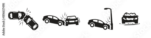 crashed cars vector car eccident icons set black on a white .