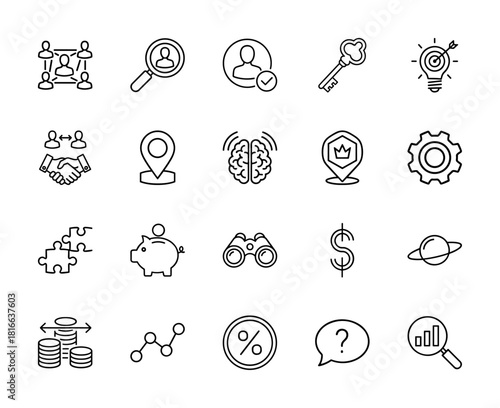 Business line icon set. Vector pictograms of user network, talent search, verified account, key, idea, handshake, location, brain, savings, dollar, and graph, thin linear illustration.