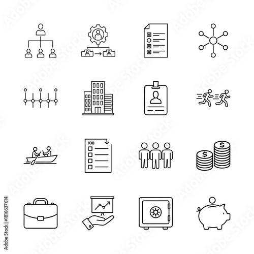 Business and management line icon set. Vector pictograms of organizational chart, workflow, checklist, office building, job search, money, and piggy bank, thin linear illustration.