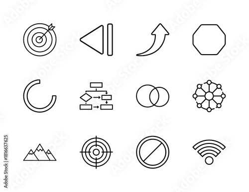 Business and technology line icon set. Vector pictograms of target, media control, growth, shape, progress, focus, prohibition, and wifi, thin linear illustration.