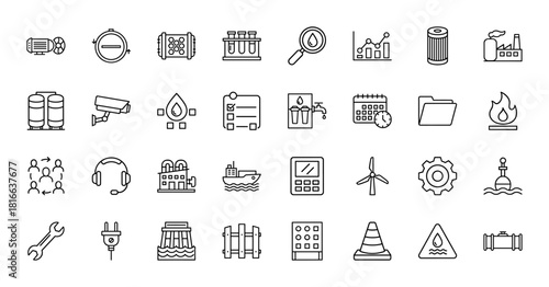 Industrial processes and utilities line icon set. Vector pictograms of pump, filtration, factory, storage tanks, gear, wrench, pipeline, dam, thin linear illustration.