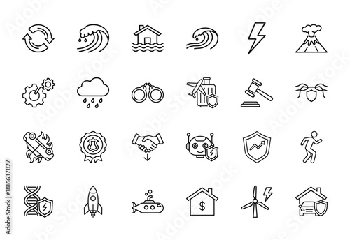 Risk and security line icon set. Vector pictograms of wave, flooded house, lightning, volcano, rain, travel, car accident, shield, handshake, and gavel, thin linear illustration.