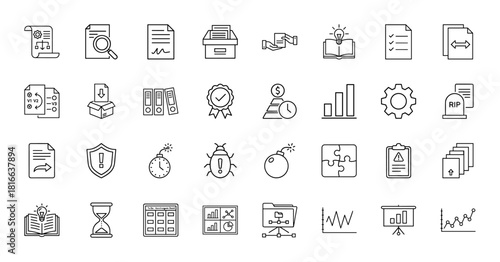 Business administration line icon set. Vector pictograms of documents, magnifying glass, folders, checklists, charts, workflow, gears, and shields, thin linear illustration.