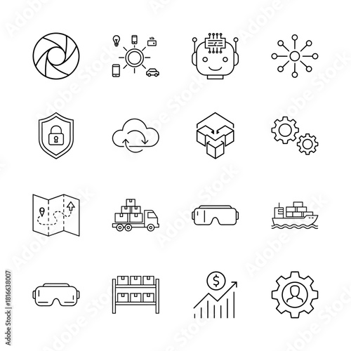 Technology and business line icon set. Vector pictograms of aperture, smart home, robot, network, security, cloud, data, navigation, logistics, virtual reality, and finance, thin linear illustration.