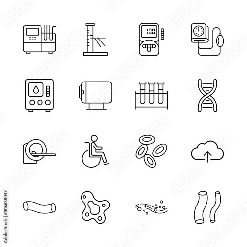 Medical technology line icon set. Vector pictograms of laboratory equipment, diagnostic devices, DNA, MRI scanner, blood cells, and microorganisms, thin linear illustration.