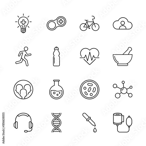 Healthcare and wellness line icon set. Vector pictograms of light bulb, bicycle, runner, heartbeat, flask, DNA, pipette, and pressure cuff, thin linear illustration.