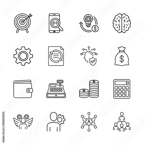 Business, finance, and management line icon set. Vector pictograms covering strategy, analytics, innovation, thinking, security, money, commerce, and organization, thin linear illustration.