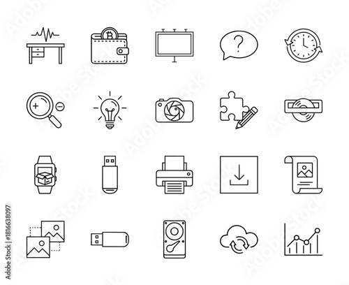 Technology and digital business line icon set. Vector pictograms of desk, crypto wallet, billboard, light bulb, camera, printer, hard drive, cloud, and chart, thin linear illustration.