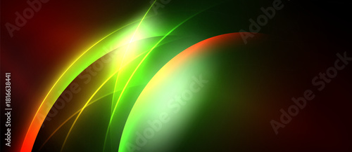 Abstract vibrant curves, glowing lines. Red, green, yellow hues blend into darkness. Dynamic energy radiates from bright center.
