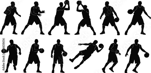 Comprehensive black basketball player silhouettes set collection engaging in court actions like dribbling, passing, guarding, 