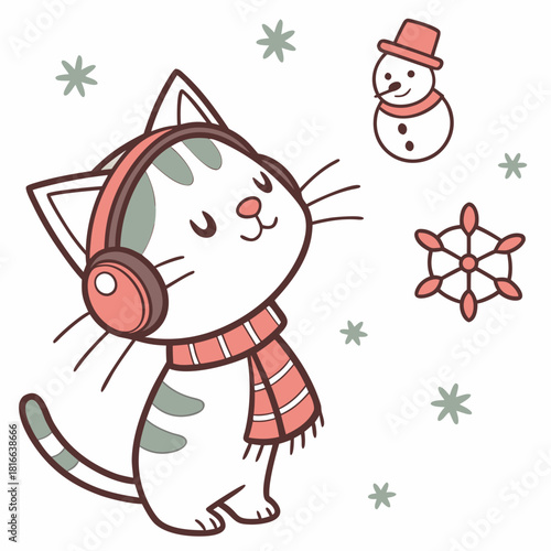 Winter Wonderland themed SVG: Shy American Shorthair with wearing headphones in a Winter environment