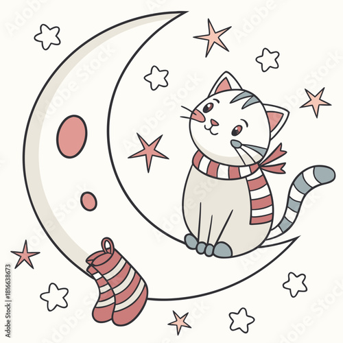 An adorable American Shorthair with a Bashful vibe, sitting on a moon, and a Winter Wonderland Winter theme – SVG style