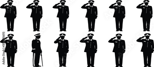 Professional military or police officer silhouettes collection set in formal uniform performing respectful salute gesture for patriotic security and service concepts isolated white background.