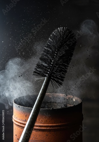 Close up shot of a rigid chimney cleaning brush pushing up through the fireplace opening, surrounded by clouds of thick black soot and debris ,safety ,home ,soot