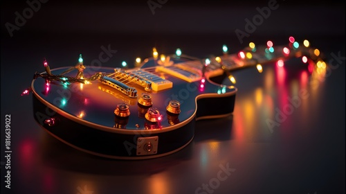 Electric Guitar Wrapped in Colorful Christmas Lights for Holiday Season.