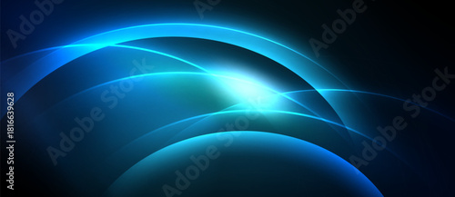 Abstract blue light curves radiate from bright center. Dark background emphasizes glowing shapes, creating dynamic visual effect.