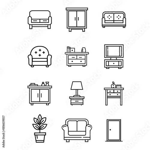 Collection of black outline vector icons representing essential furniture and home interior items like sofas, cabinets, and tables.