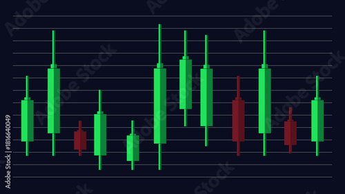 Candlestick Chart Analyzing Stock Market Trends with Green and Red Bars on Dark Background