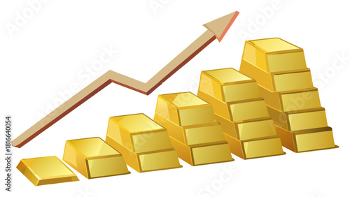 Dynamic illustration showcasing stacked gold bars with a prominent upward trend line, representing robust financial growth, market success, and increasing investment value