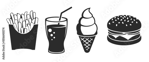 fast food icons set black on a white background 