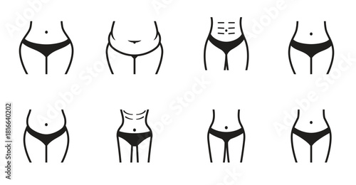  female body shapes line outline icons set black