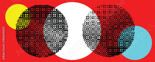 Retro dither circle composition for video. Vintage bitmap texture. Bit gradient circles for graphic layouts . Pixel gradients effect. 