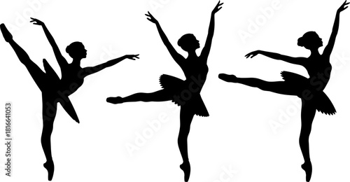 Three black silhouette ballet dancers in graceful poses white