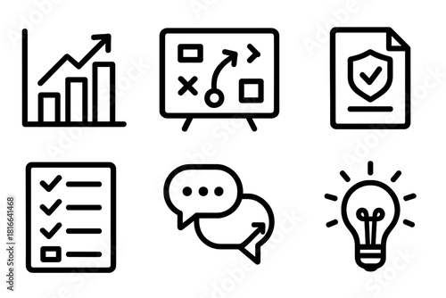 Societal Growth Icons. Societal growth patterns tools linear icon set: data chart, planning board, resource meter, policy document, survey form, collaboration bubble, progress
