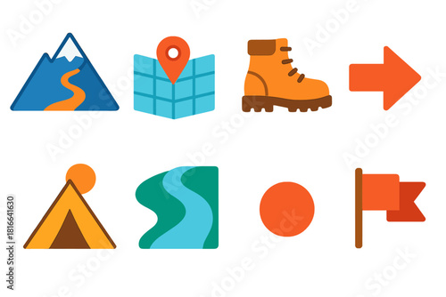 Minimalistic Adventure Icons. Adventure Journey flat icon set: mountain trail, map grid, travel boots, direction arrow, campsite icon, river path, exploration dot, journey flag