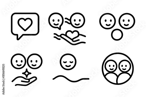 Support Icon Collection. Emotional Support Communication linear icon set: heart bubble, soft tone icon, understanding wave, comforting hand, shared feeling dot, empathy spark, calm