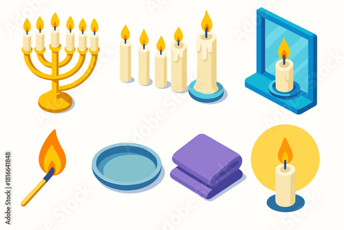 Vibrant Candle Icons. Traditional Candle Set flat icons set. brass menorah, lit candles in sequence, melting wax, glass window reflection, match flame, silver tray, folded cloth