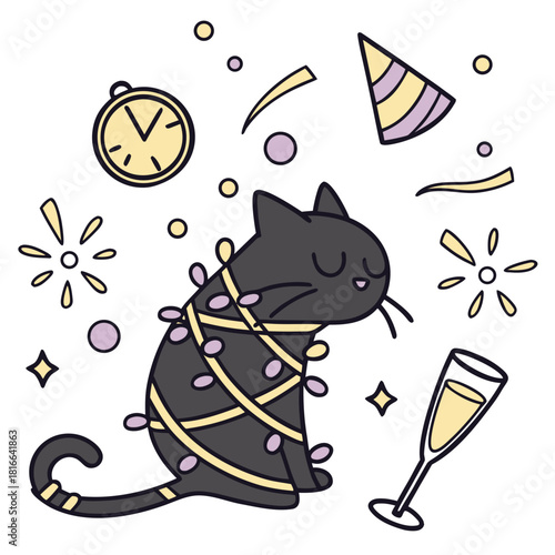 Whimsical American Shorthair feeling Sleepy in a New Year's Eve/Day setting with wrapped in fairy lights – colored in New Beginnings
