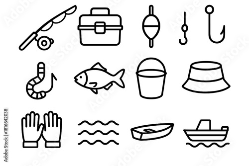 Fishing Gear Icons. Outdoor Fishing Set linear icon set: fishing rod, reel, tackle box, float, hook, bait, fish, hat, bucket, gloves, waves, boat