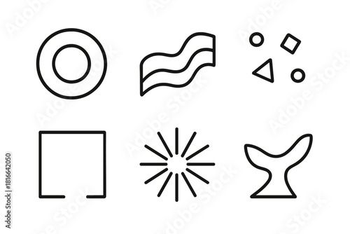 Abstract Freedom Icons. Abstract Freedom Set linear icon set: expanding circle, flowing ribbon, scattered shapes, open frame, radiating lines, lifted shape