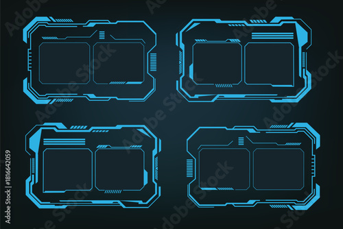 Futuristic cyber window HUD elements set with bright blue neon frames for game UI, tech graphics, and digital interfaces.