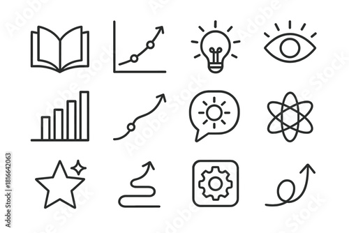 Symbols of Growth. Growth & Learning Symbols linear icon set: expanding book, learning curve, bright idea, mindful eye, progress tracker, improvement path, clarity bubble, concept