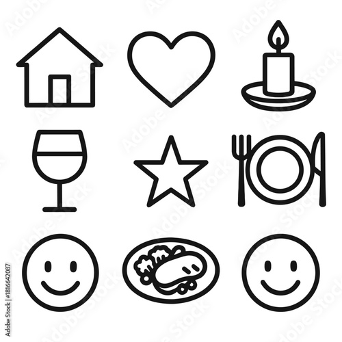 Heartfelt Dinner Icons. Family gathering linear icon set : home, heart, candlelight, dinner plate, wine glass, star, plate with food, smile