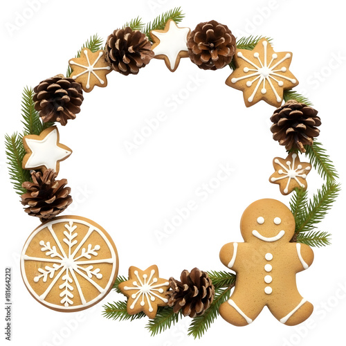Christmas wreath with gingerbread cookies and pine cones